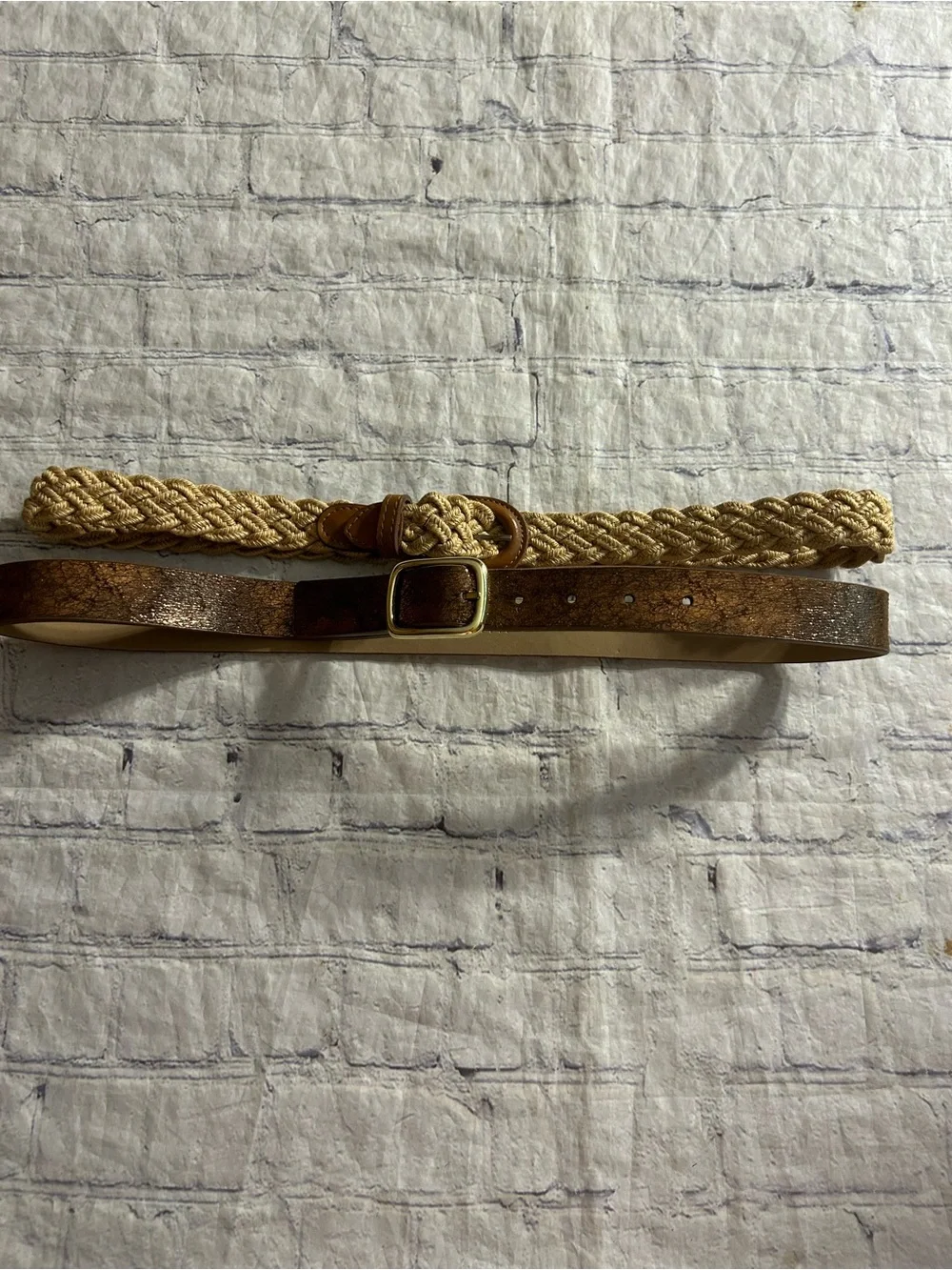 NINE WEST METALLIC COPPER BRONZE VEGAN & VTG BROWN WITH NATURAL WOVEN BELTS